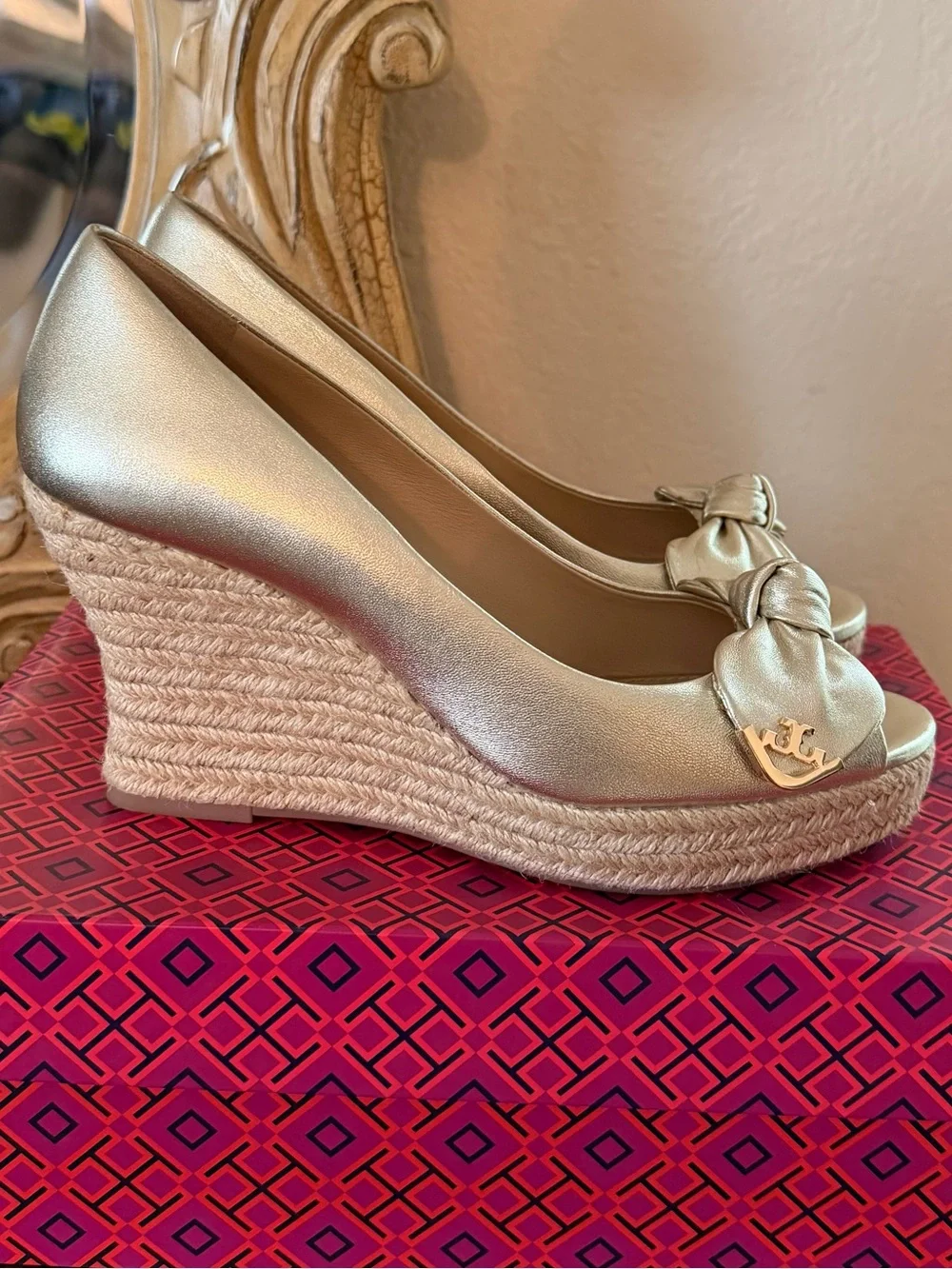 Tory Burch Metallic Gold Bow Espadrille Wedges